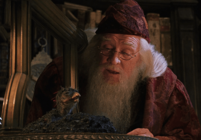 The phoenix Fawkes rising from the ashes with Professor Dumbledore leaning over him, from Harry Potter.