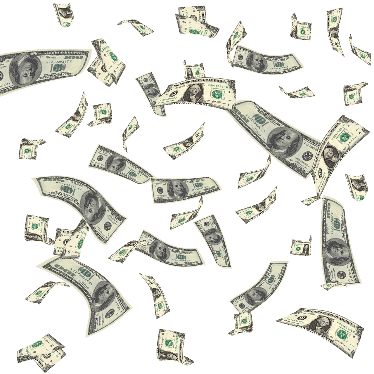 US one hundred dollar bills falling.