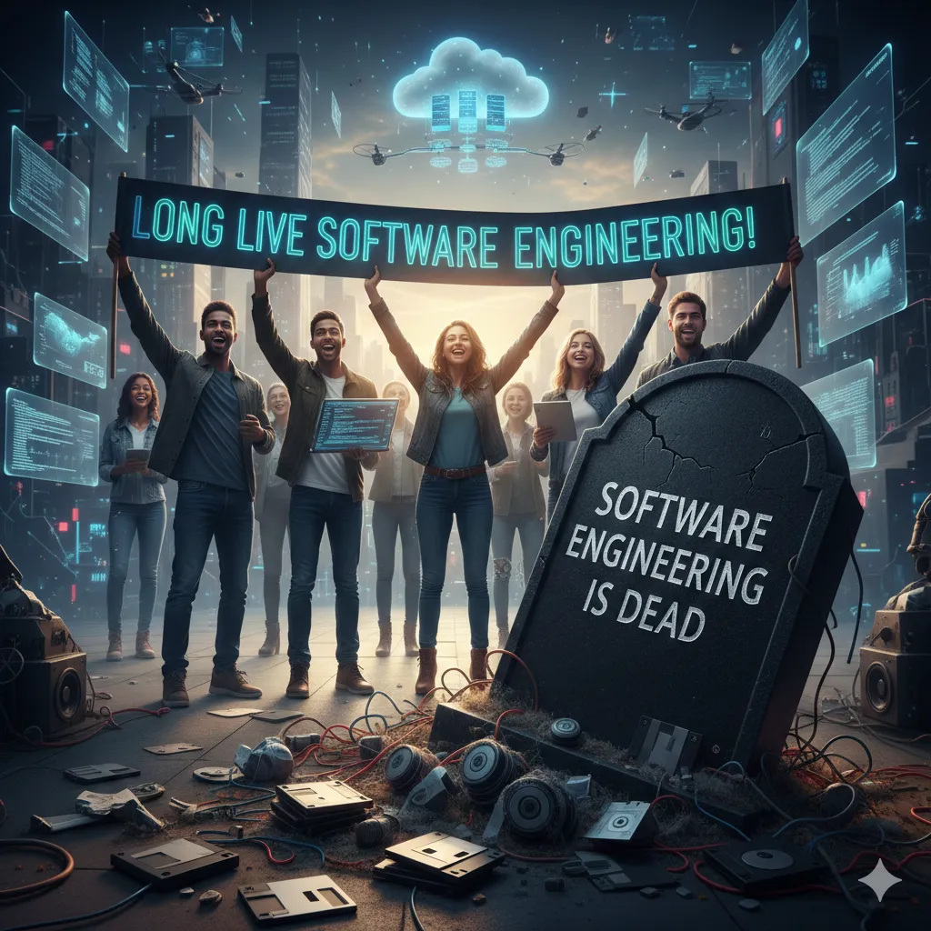A group of smiling people in a futuristic city holding a glowing blue banner that reads 'LONG LIVE SOFTWARE ENGINEERING!'. In the foreground, a cracked tombstone is inscribed with 'SOFTWARE ENGINEERING IS DEAD', surrounded by old tech debris like floppy disks and tangled wires. The background features high-tech skyscrapers and floating holographic screens. -- Nano Banana Pro